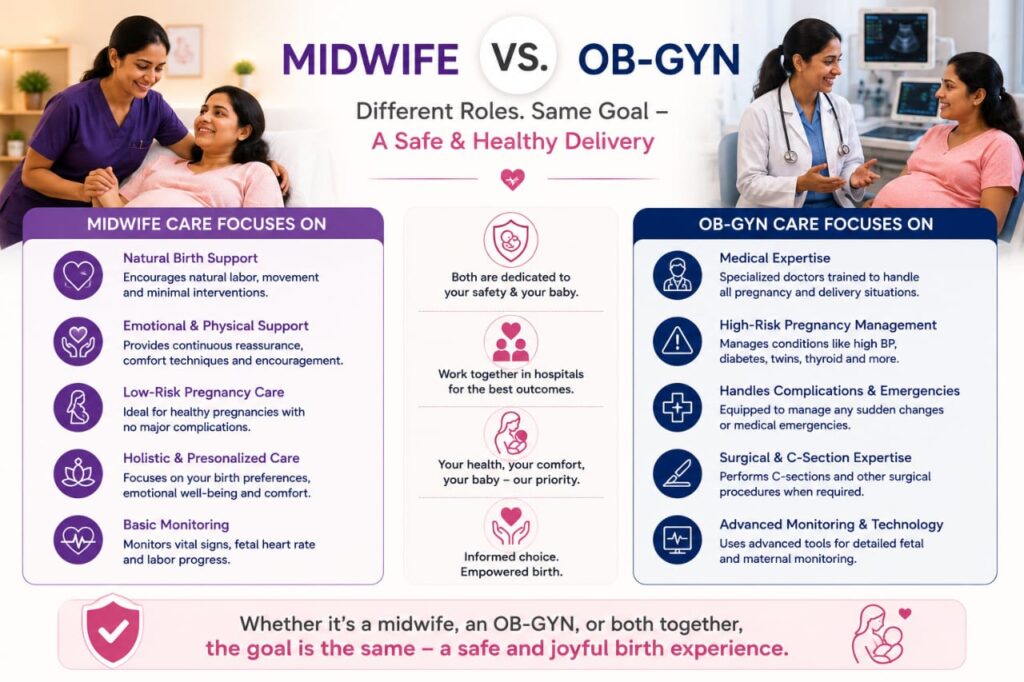 Midwife vs OB-GYN delivery care comparison showing differences in natural birth support, emotional care, high-risk pregnancy management, and medical expertise during childbirth.