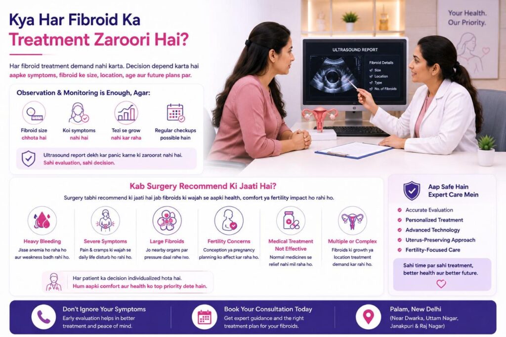 Fibroid treatment decision infographic explaining when monitoring is sufficient and when surgery is recommended, including symptoms, fibroid size, fertility concerns, heavy bleeding, and expert gynecologist consultation at Angel Agastya Hospital.