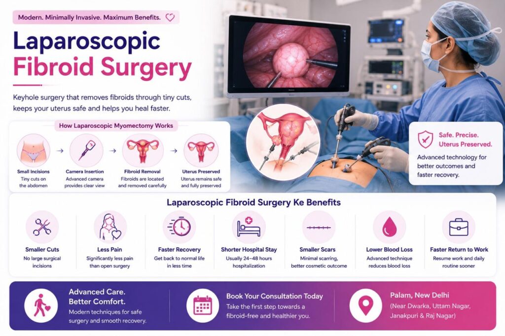 Laparoscopic fibroid surgery infographic showing minimally invasive myomectomy procedure, small abdominal incisions, fibroid removal, uterus preservation, faster recovery, less pain, smaller scars, and advanced gynecological surgery at Angel Agastya Hospital.