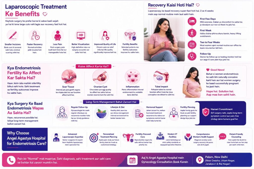 Medical infographic explaining laparoscopic treatment benefits for endometriosis, including smaller incisions, faster recovery, less pain, improved visualization, fertility benefits, recovery timeline, fertility impact, recurrence management, and long-term care recommendations.