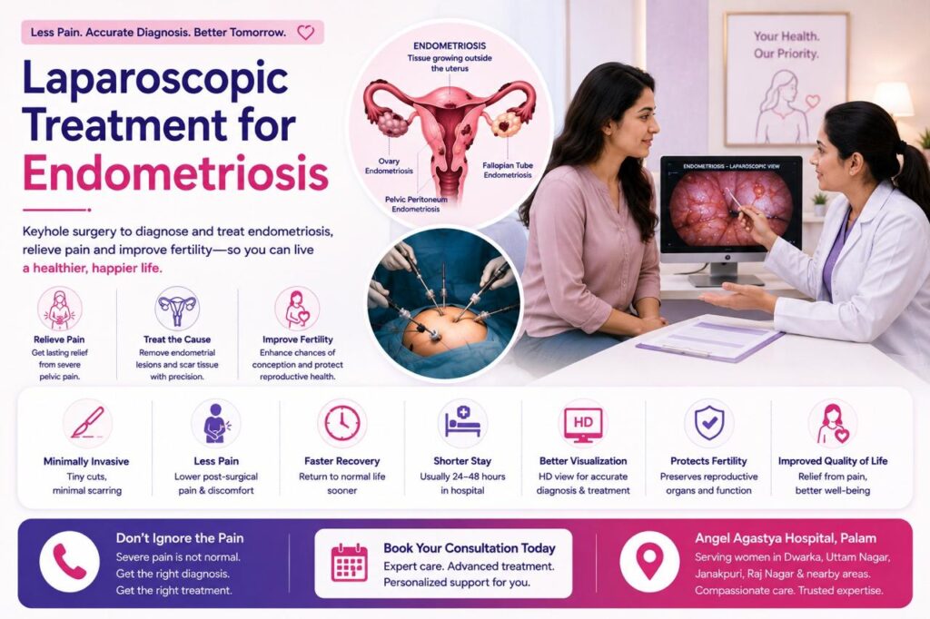 Medical infographic explaining laparoscopic treatment benefits for endometriosis, including smaller incisions, faster recovery, less pain, improved visualization, fertility benefits, recovery timeline, fertility impact, recurrence management, and long-term care recommendations.