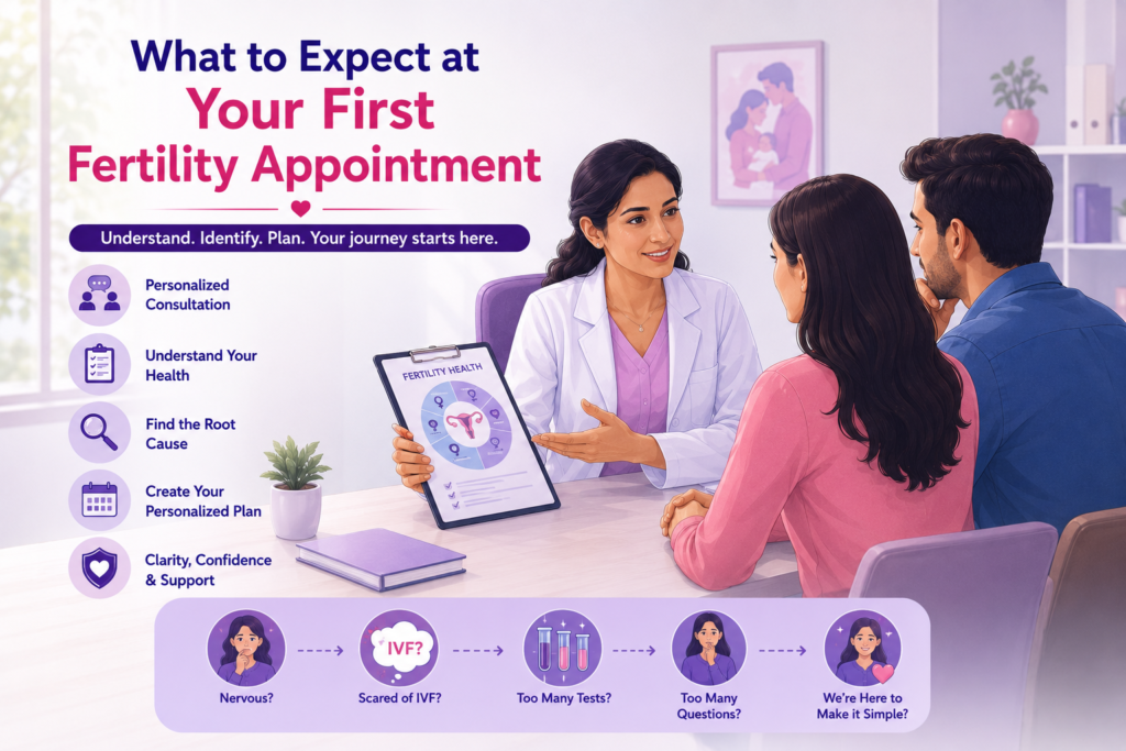 Female fertility specialist explaining the main objectives of a first fertility appointment to a couple, including medical history review, infertility evaluation, report analysis, further testing, and personalized fertility treatment planning.