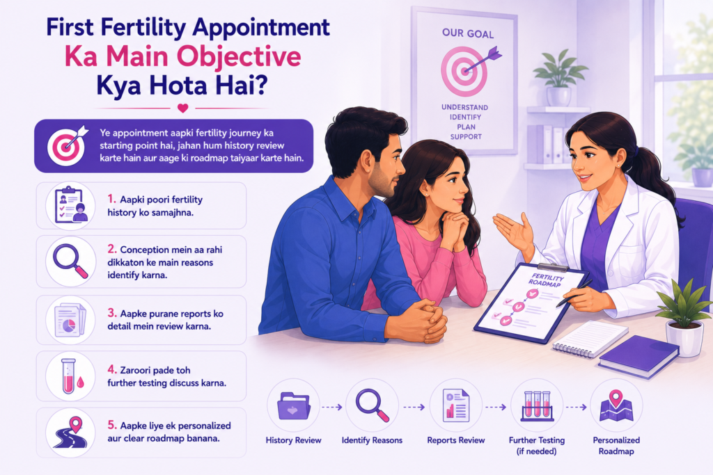 Couple attending their first fertility consultation with a fertility doctor explaining infertility evaluation, identifying the root cause, personalized treatment planning, and fertility care options.