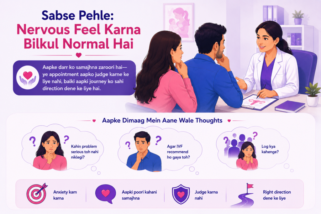 Compassionate infertility specialist reassuring an anxious couple during their first fertility consultation, addressing common fears, reducing anxiety, and providing personalized fertility guidance and emotional support.
