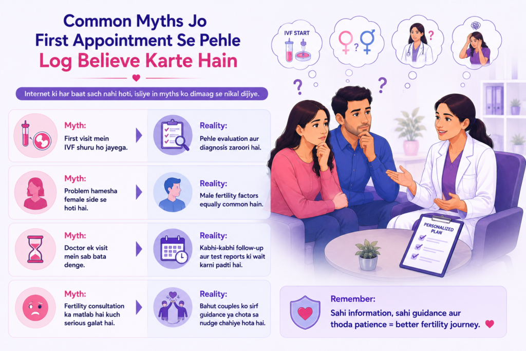 Infertility specialist debunking common myths about the first fertility appointment, explaining fertility evaluation, diagnosis, male and female infertility factors, treatment planning, and realistic expectations for couples.