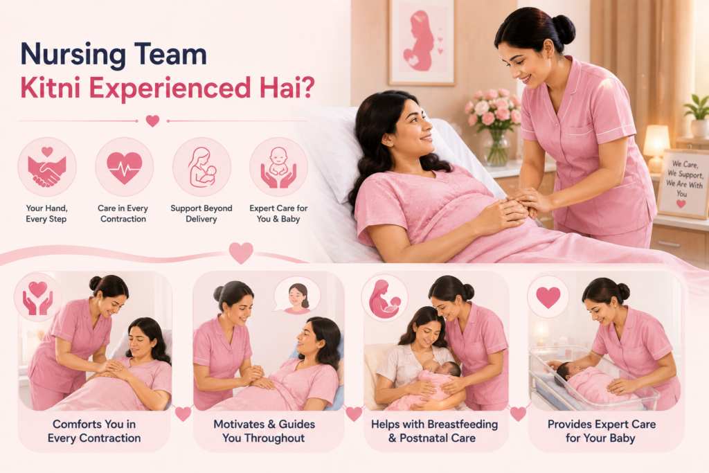 Nursing Team Kitni Experienced Hai? Experienced maternity nurse providing compassionate prenatal, labor, postnatal, and newborn care to a pregnant woman in a maternity hospital.
