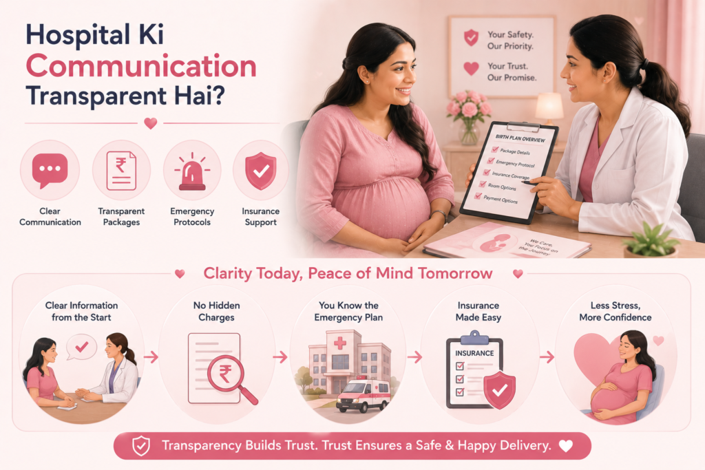 Hospital Ki Communication Transparent Hai? Doctor explaining transparent maternity packages, delivery plans, insurance support, and emergency care to an expecting mother at a maternity hospital.