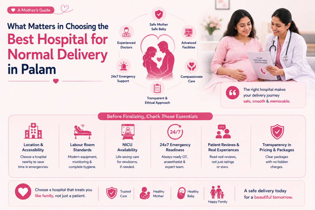 Infographic explaining what matters when choosing the best hospital for normal delivery in Palam. Features a pregnant woman with a female doctor and highlights experienced doctors, advanced maternity facilities, compassionate care, NICU availability, 24x7 emergency support, ethical treatment, patient reviews, and transparent pricing. Angel Agastya Hospital.