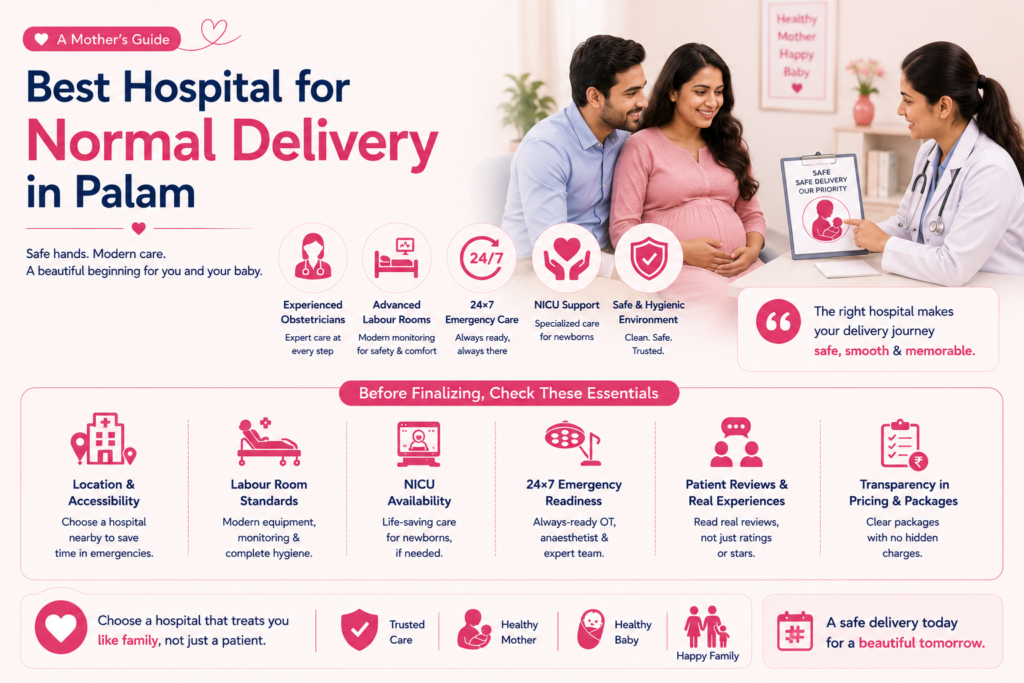 Comprehensive maternity care infographic showing a pregnant couple consulting a gynecologist at the best hospital for normal delivery in Palam. Covers experienced obstetricians, modern labour rooms, NICU support, emergency readiness, maternity team, consultation questions, pregnancy monitoring, nutrition guidance, transparent pricing, and safe delivery care. Angel Agastya Hospital.