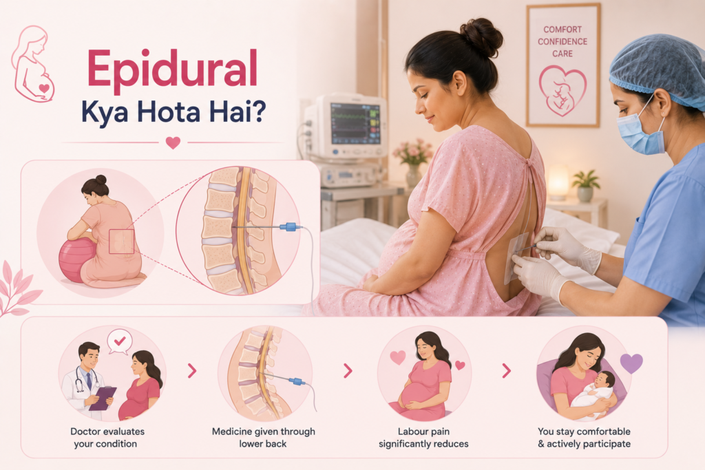 Pregnant woman receiving an epidural for labour pain relief, with a healthcare professional administering medication through the lower back to support a comfortable delivery experience.