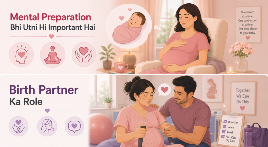 Pregnant woman practicing mental preparation and relaxation techniques while her birth partner provides emotional support during labour preparation.