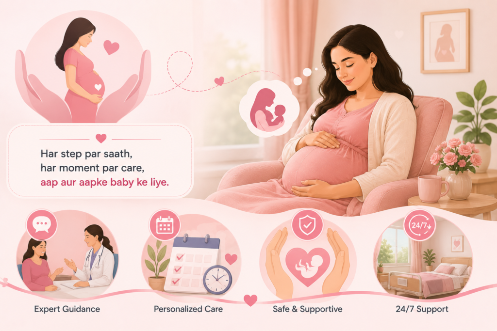 Pregnant woman receiving personalized pregnancy care with expert guidance, regular planning, safety support, and 24/7 maternity assistance for a healthy delivery journey.