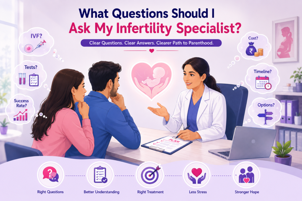 Couple consulting an infertility specialist about IVF, fertility tests, treatment options, success rates, costs, and pregnancy planning during a comprehensive fertility consultation.