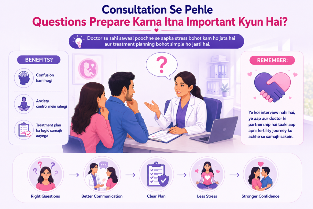 Infertility specialist explaining why preparing questions before a fertility consultation helps reduce stress, improve communication, and create a clear treatment plan for couples.