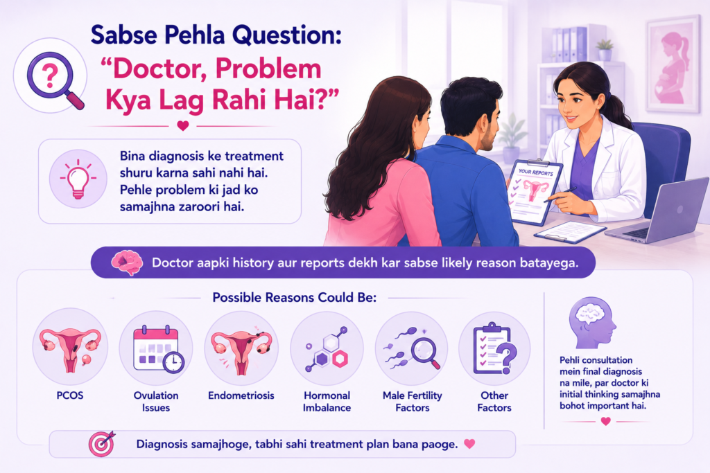 Female fertility doctor reviewing medical reports with a couple and explaining possible infertility causes such as PCOS, ovulation disorders, endometriosis, hormonal imbalance, and male fertility factors.