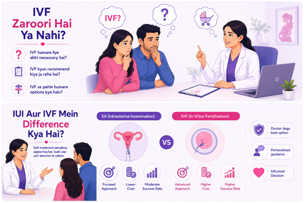 Infertility specialist comparing IUI and IVF treatment options with a couple, explaining differences in procedure, cost, success rate, and personalized fertility treatment planning.