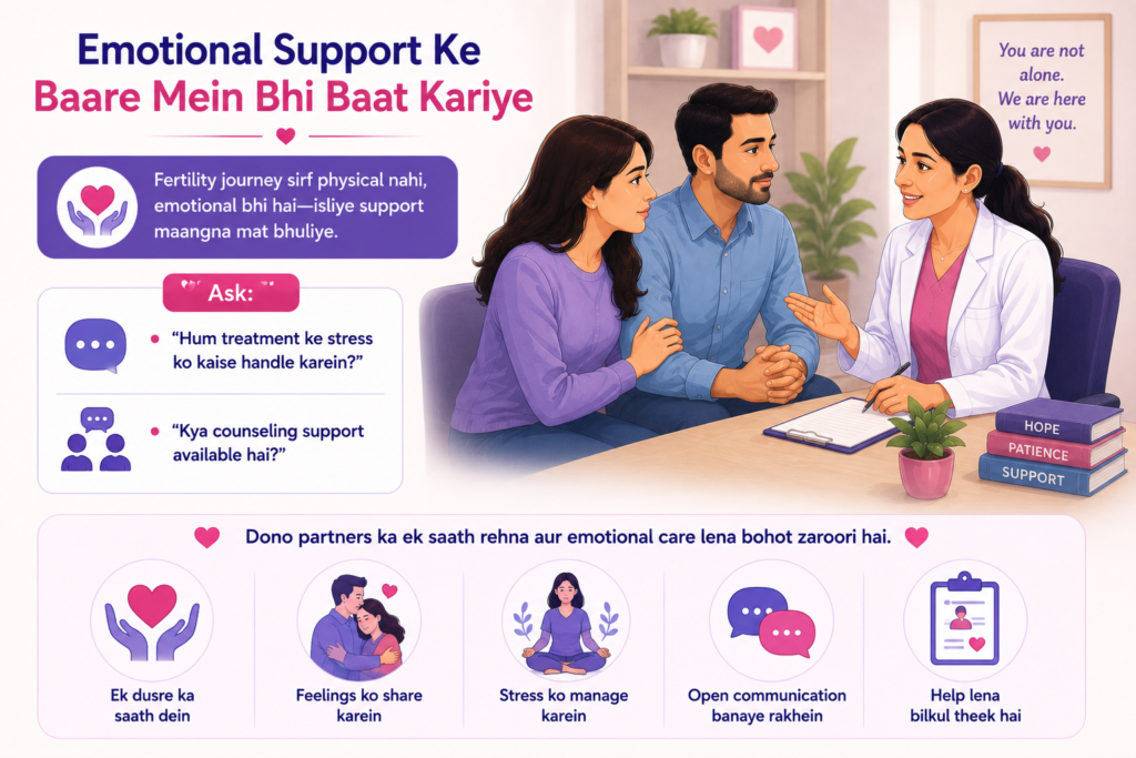 Couple discussing emotional support and fertility treatment stress with a female infertility specialist during a fertility consultation, highlighting counseling, communication, and mental wellness.