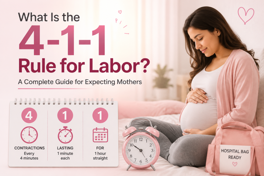 Educational infographic explaining the 4-1-1 labor rule with contraction timing, one-minute duration, one-hour pattern, and a pregnant woman ready for hospital delivery.