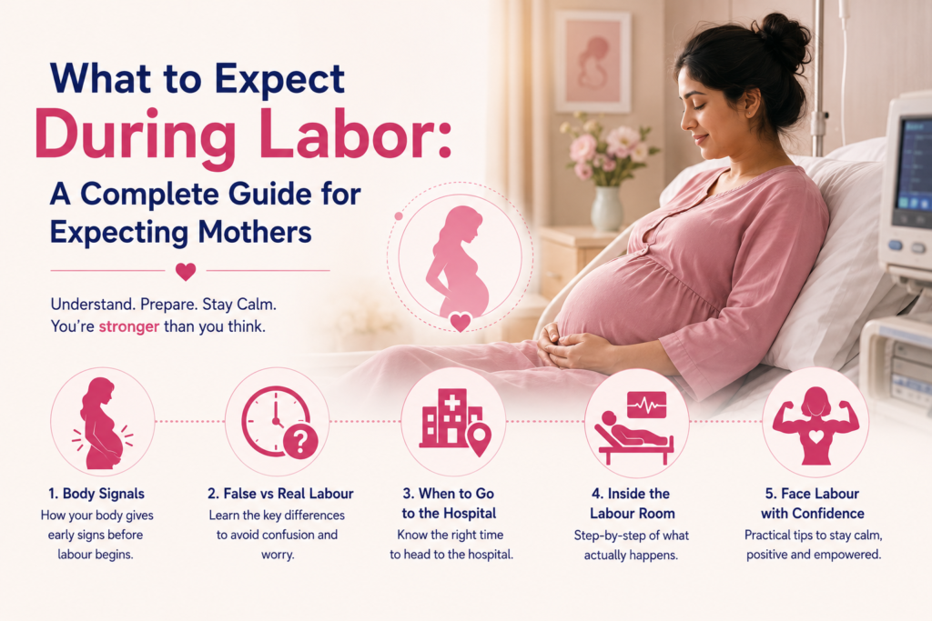 Comprehensive pregnancy and labour guide for expecting mothers covering early labour signs, false vs real labour, when to go to the hospital, labour room process, birth partner support, and confidence during normal delivery.