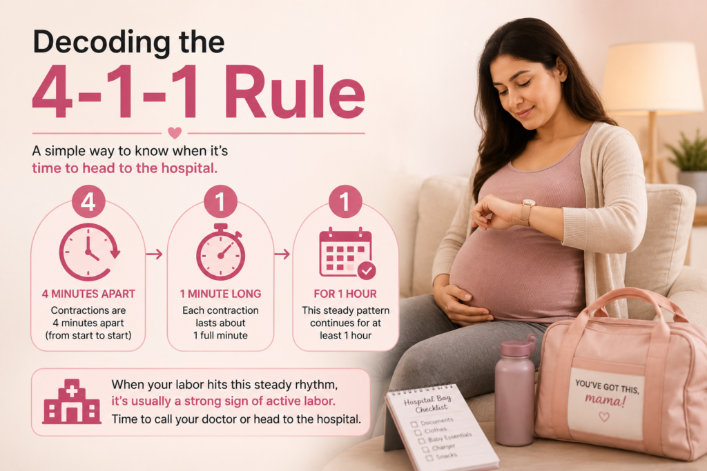 Pregnant woman checking contractions with an infographic explaining the 4-1-1 labor rule to know when to visit the hospital for delivery.