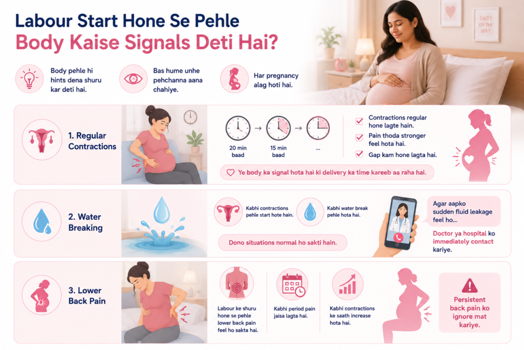 Pregnancy guide showing early signs of labour before delivery, including regular contractions, water breaking, and lower back pain, with illustrations explaining body signals that indicate labour is approaching.