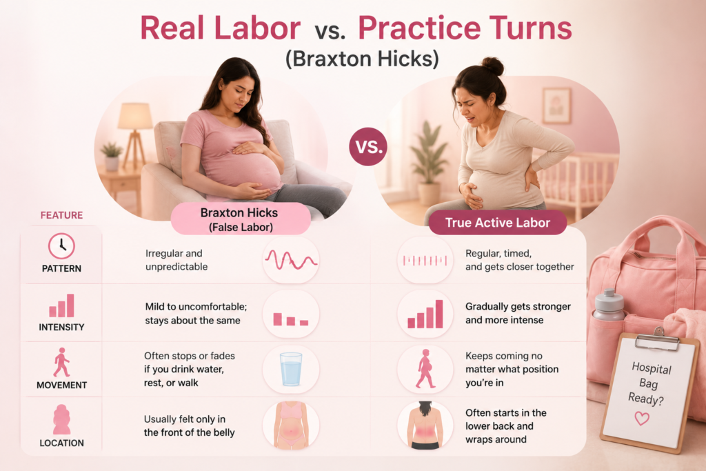 Comparison infographic explaining Braxton Hicks contractions versus true labor, highlighting contraction patterns, intensity, movement, and pain location for expectant mothers.