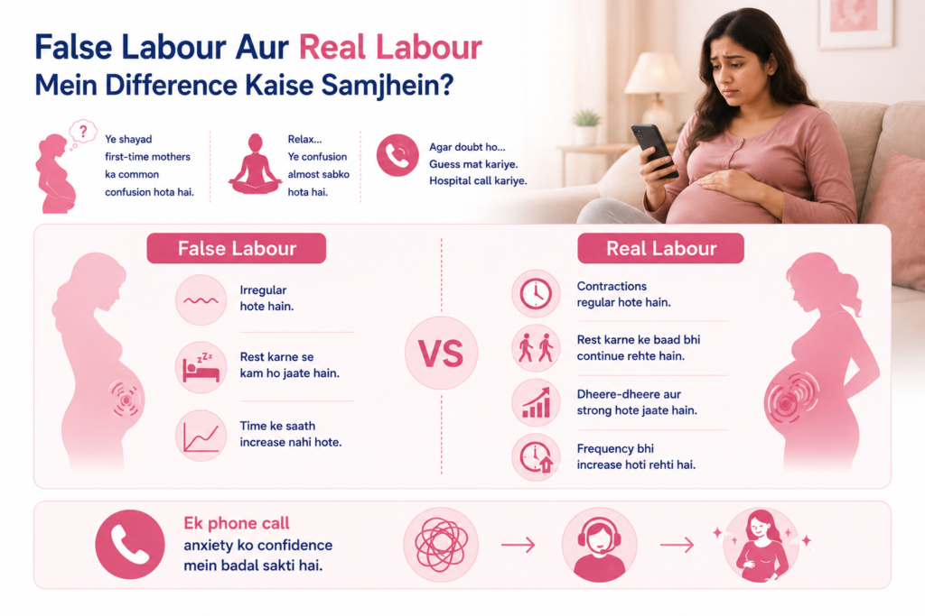 Medical infographic comparing false labour and real labour symptoms during pregnancy, highlighting differences in contraction patterns, pain intensity, frequency, and when to contact the hospital for safe maternity care.