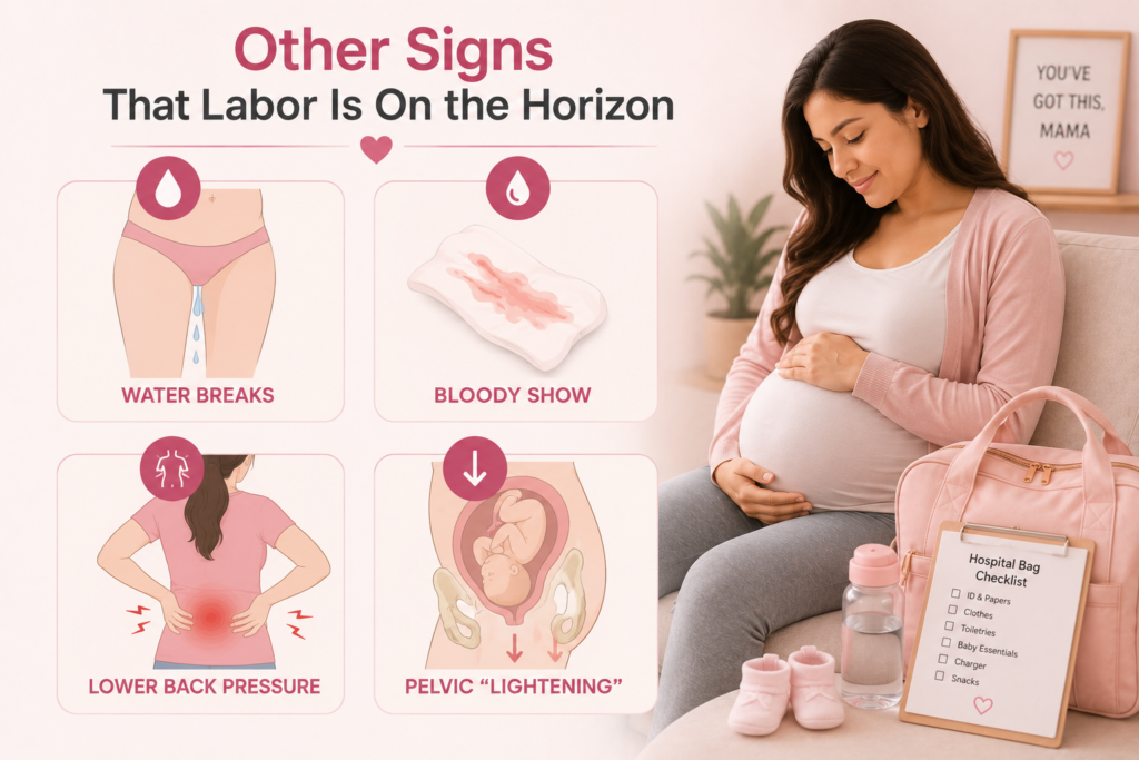 Infographic showing signs of labor including water breaking, bloody show, lower back pressure, and pelvic lightening with a pregnant woman preparing for childbirth.