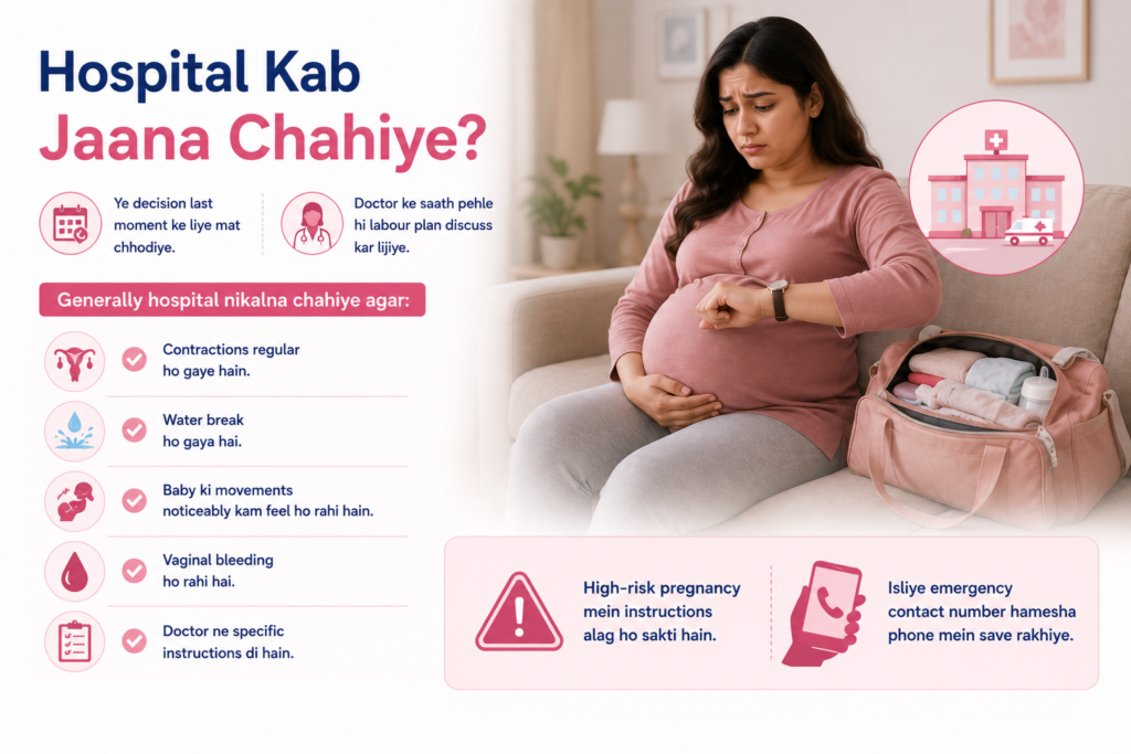 Pregnancy infographic explaining when to go to the hospital for labour, including regular contractions, water breaking, reduced baby movements, vaginal bleeding, and doctor instructions, with an expecting mother ready with her hospital bag.
