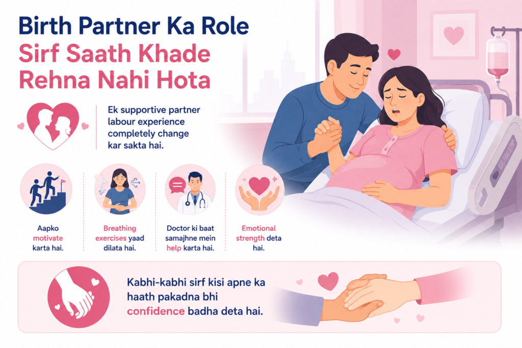 Illustration explaining the role of a birth partner during labour, showing a husband supporting his pregnant wife in the hospital by providing emotional support, motivation, breathing reminders, and communication with the doctor for a positive normal delivery experience.