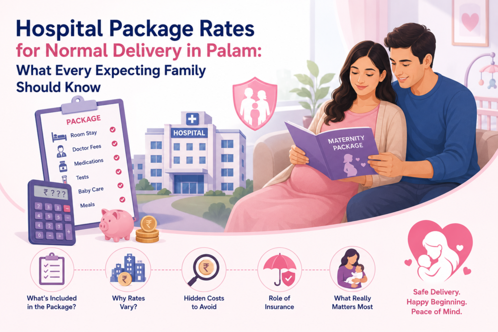 Medical infographic explaining what is included in a normal delivery package, including doctor's consultation, labour room charges, nursing care, routine medicines, and complete maternity care for safe normal delivery.