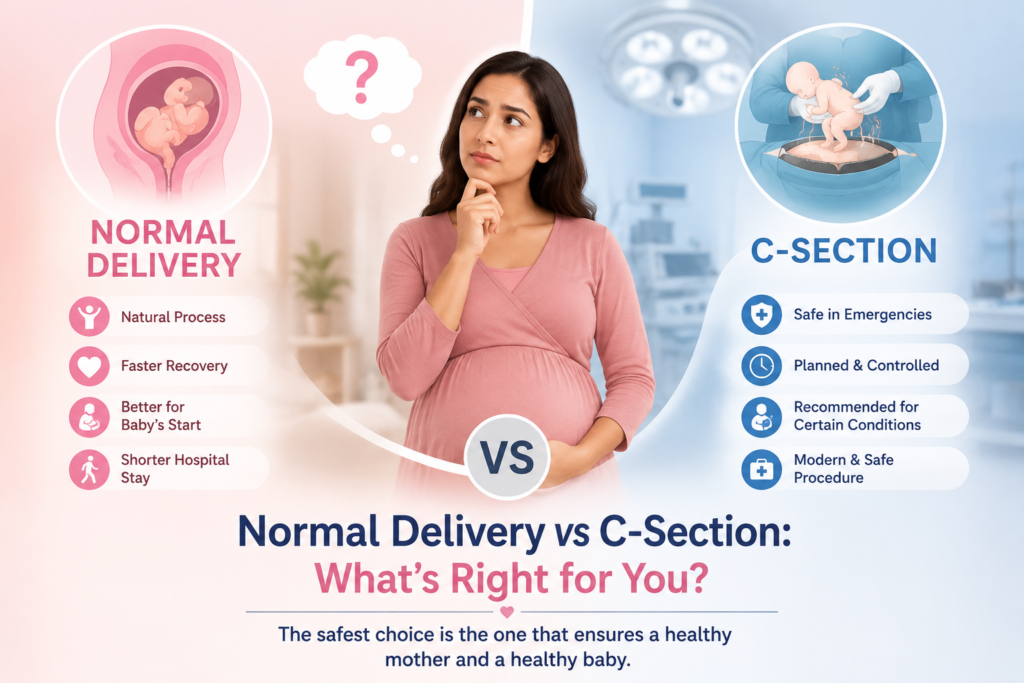 Normal delivery vs C-section comparison showing benefits, recovery, safety, and factors that help doctors choose the safest delivery method for mother and baby.