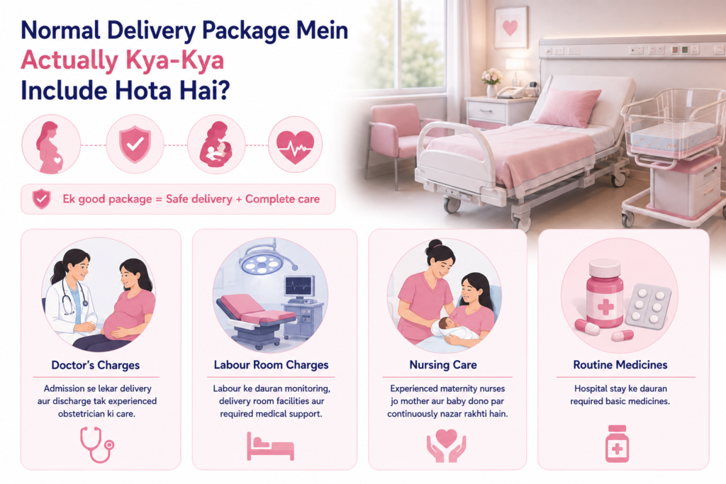 Medical infographic explaining what is included in a normal delivery package, including doctor's consultation, labour room charges, nursing care, routine medicines, and complete maternity care for safe normal delivery.