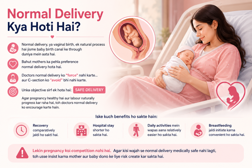 Normal delivery explained in Hindi with benefits, recovery, breastfeeding advantages, and safe childbirth guidance for pregnant women at Angel Agastya Hospital, Palam.