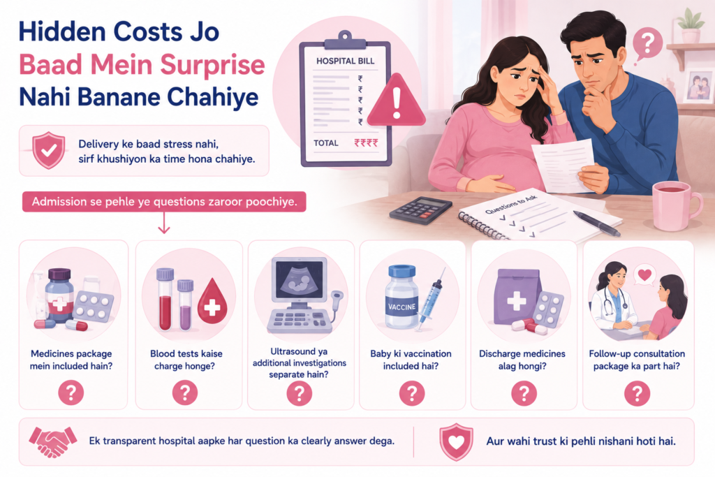 normal delivery 3 Pregnancy infographic highlighting hidden costs in normal delivery packages, including medicines, blood tests, ultrasound, baby vaccination, discharge medicines, and follow-up consultations to help families avoid unexpected hospital bills.