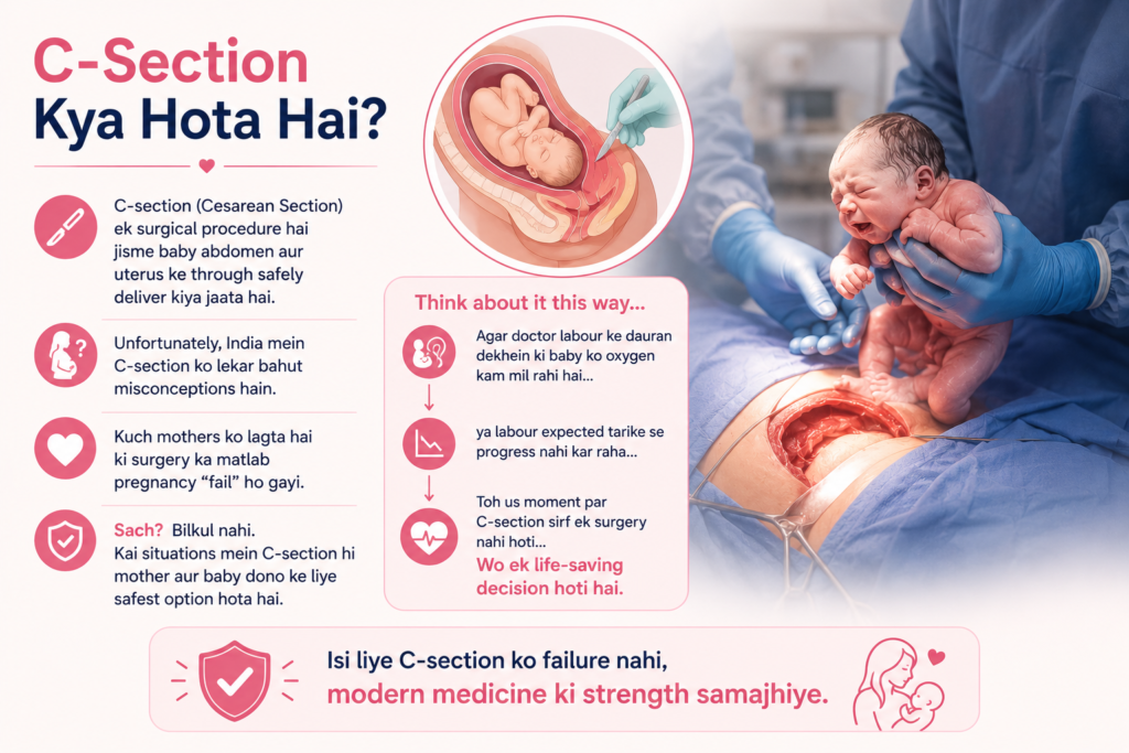 C-section (Cesarean delivery) explained in Hindi, including when it is recommended, common myths, and how it ensures the safety of mother and baby during childbirth.