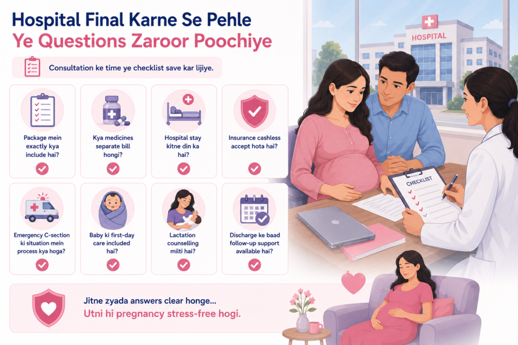 Checklist infographic for expecting parents showing important questions to ask before choosing a maternity hospital, including package inclusions, hospital stay, insurance, emergency C-section, baby care, lactation support, and follow-up services.