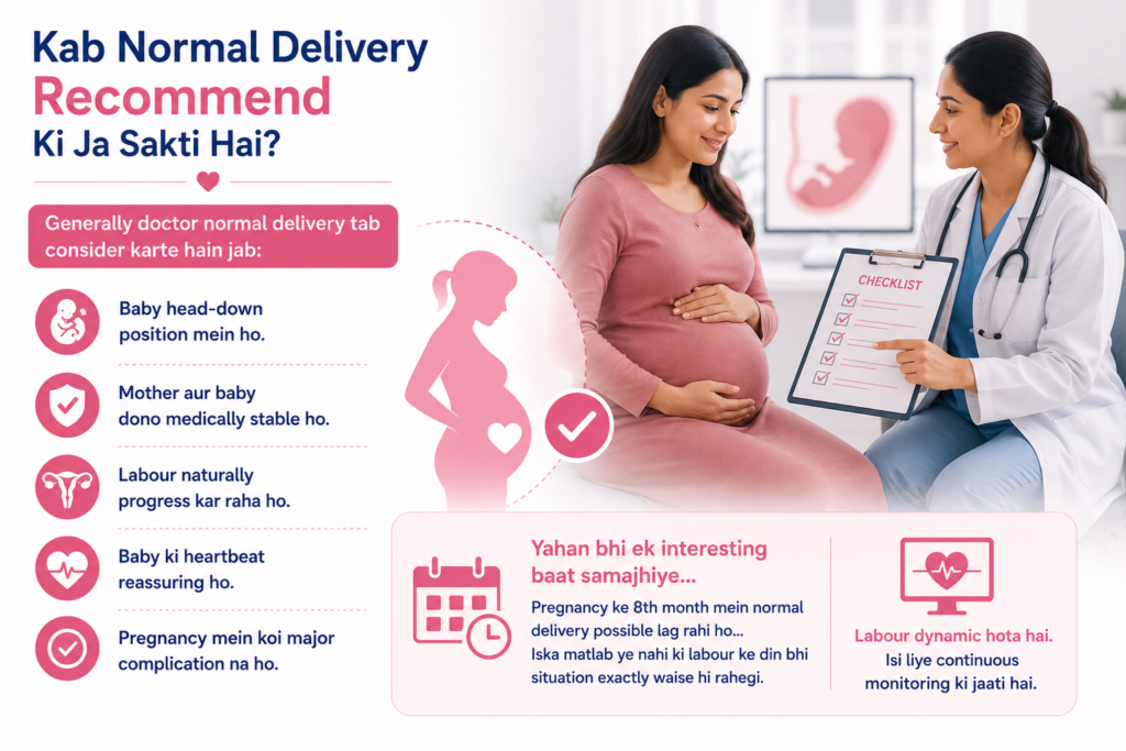 Doctor explaining when normal delivery is recommended based on baby's position, healthy pregnancy, labour progress, and maternal health at Angel Agastya Hospital, Palam.