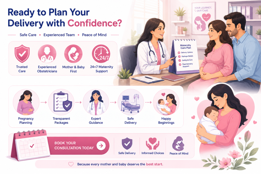 Pregnancy care infographic encouraging expecting parents to plan a safe normal delivery with trusted obstetricians, transparent maternity packages, expert guidance, 24x7 maternity support, and complete mother and baby care.