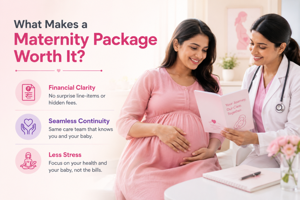 Pregnant woman discussing a maternity package with a gynecologist, highlighting affordable pregnancy care, financial transparency, and personalized maternity support at Angel Agastya Hospital.