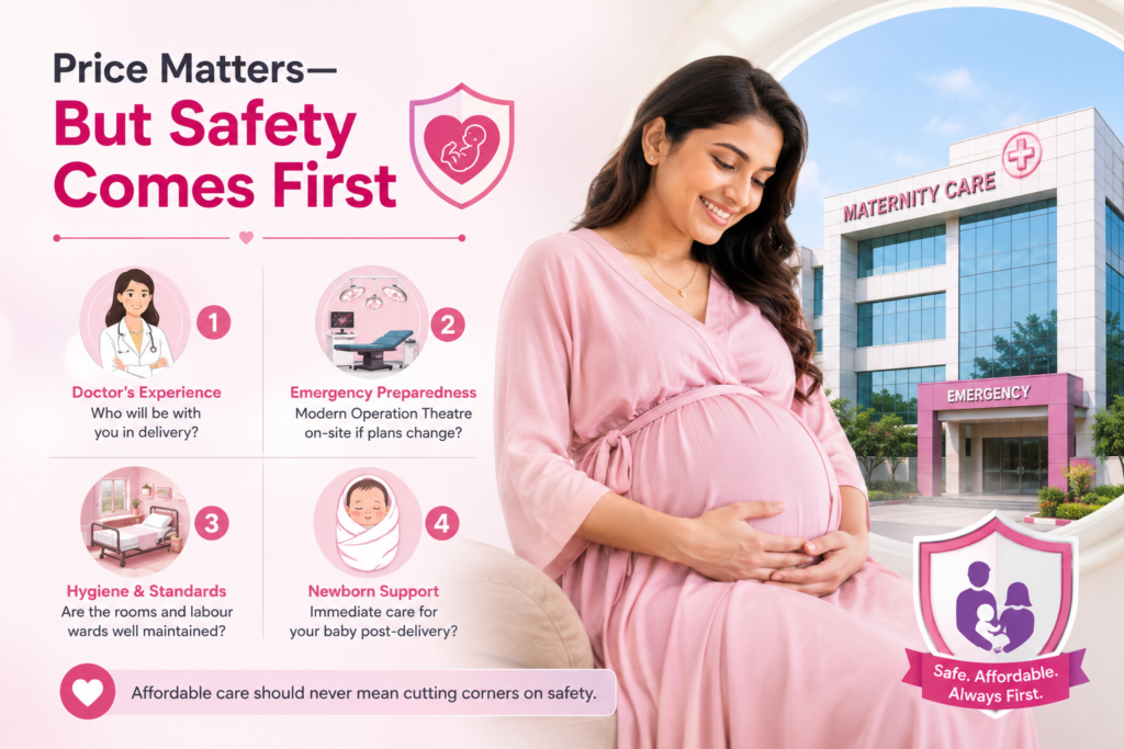 Pregnant woman with a modern maternity hospital, emphasizing safe maternity packages, experienced doctors, emergency delivery care, newborn support, and hygienic labor rooms at Angel Agastya Hospital.