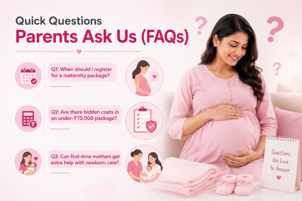 package 4 Pregnant woman reading maternity package FAQs about registration, delivery costs, hidden charges, and newborn care at Angel Agastya Hospital with Dr. Kalpana Aggarwal.