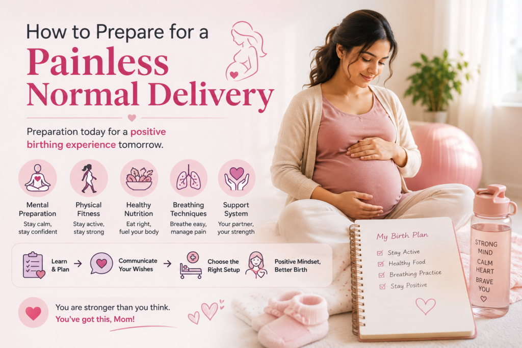 Pregnant woman preparing for painless normal delivery through mental preparation, physical fitness, healthy nutrition, breathing techniques, and a strong support system.