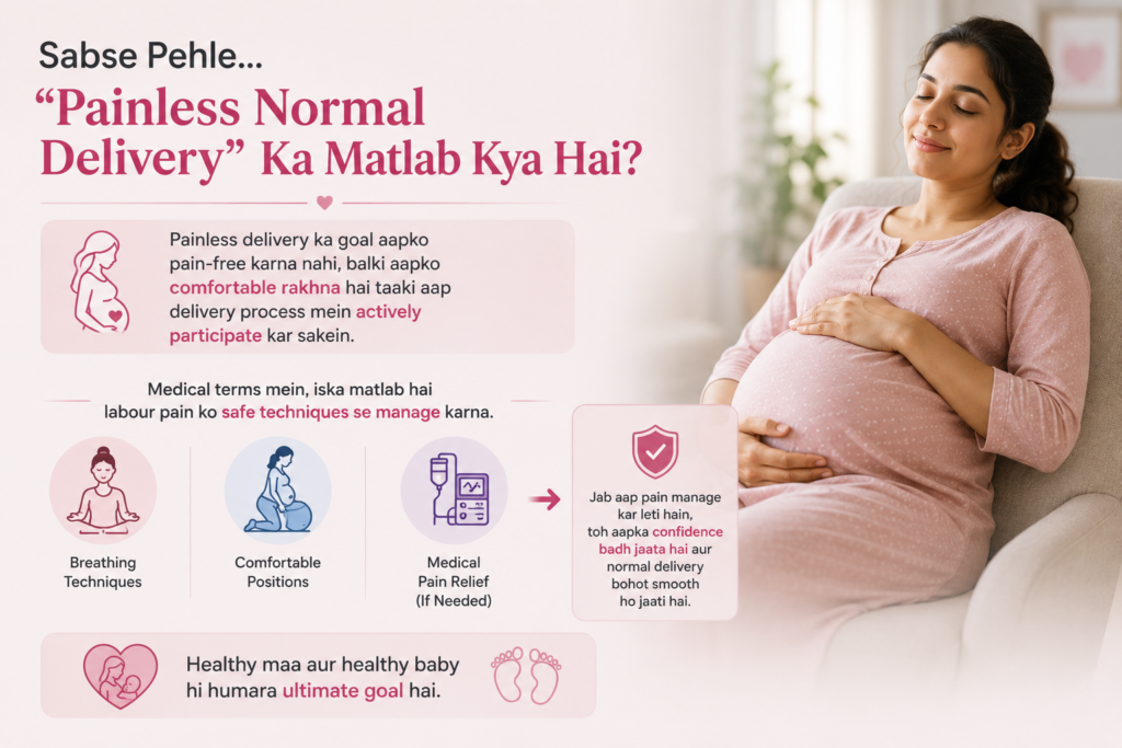 Pregnant woman relaxing comfortably while learning about painless normal delivery, labour pain management techniques, comfortable positions, breathing exercises, and medical pain relief.