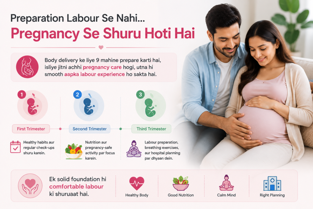 Pregnant couple learning how pregnancy preparation through healthy habits, nutrition, regular checkups, breathing exercises, and hospital planning can support a comfortable labour experience.