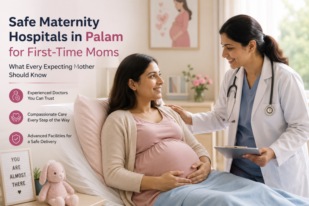 Experienced gynecologist consulting a pregnant woman at Angel Agastya Hospital, Palam for safe maternity care and delivery.