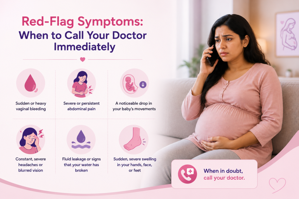 Pregnant woman learning pregnancy warning signs and red-flag symptoms that require immediate medical attention.