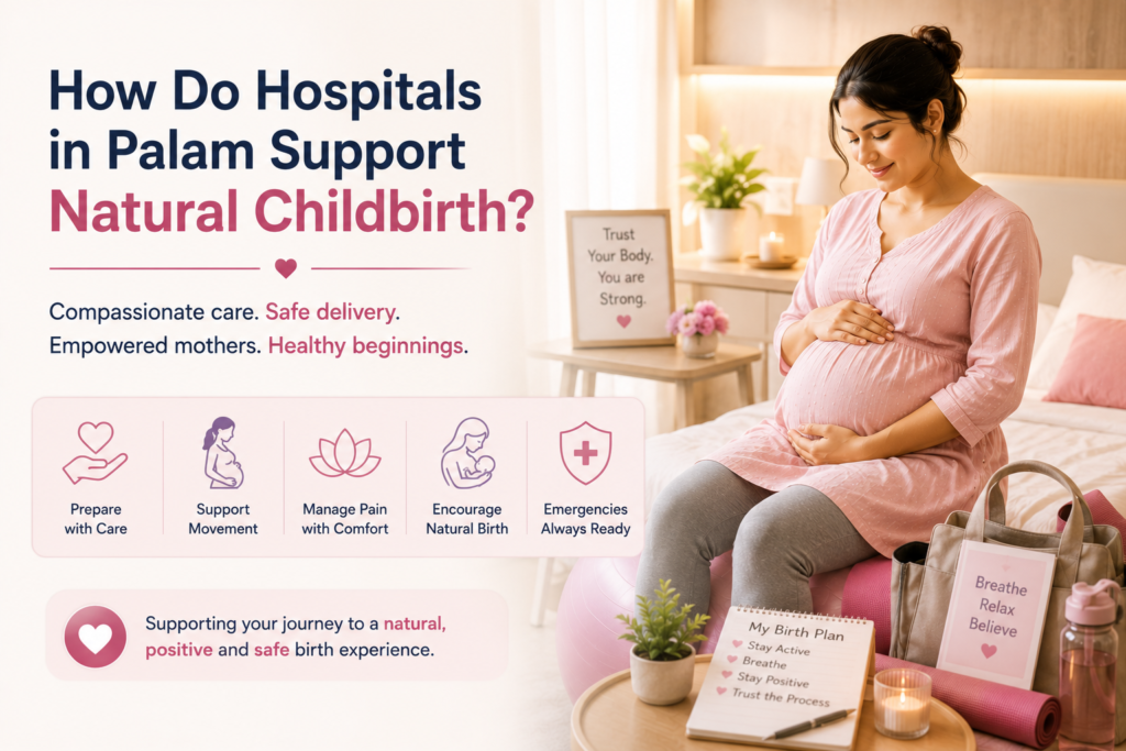 How Do Hospitals in Palam Support Natural Childbirth? Educational infographic explaining what natural childbirth means, highlighting safe labor, minimal medical intervention when appropriate, and compassionate maternity care for healthy mother and baby.