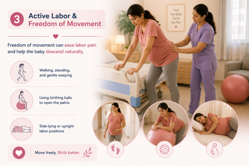 active labor techniques, walking, birthing ball exercises, upright labor positions, and continuous maternity support to encourage a natural birth.