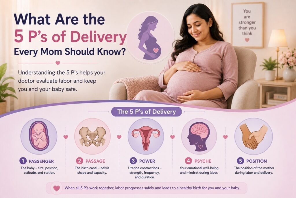 Pregnant woman learning about the 5 Ps of delivery including passenger, passage, power, psyche, and position